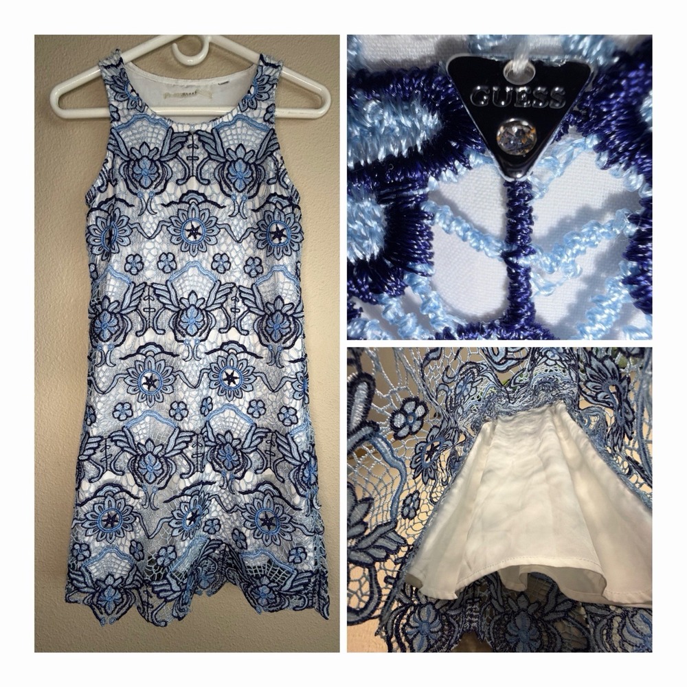 GUESS Selah Crochet Lace Shift Dress Blue White Floral Sz XXS W61K05W75Y0